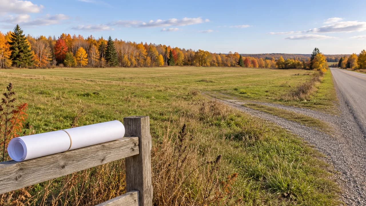 AI-generated editorial illustration: An open grassy field beside a rural road, with a blank rolled plan resting on a wooden fence.