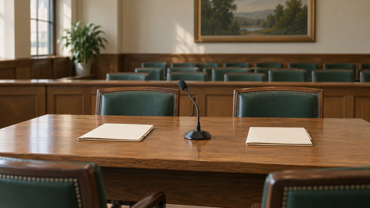 AI-generated editorial illustration: An empty illustrative hearing room with plain folders and a microphone on an oak table.