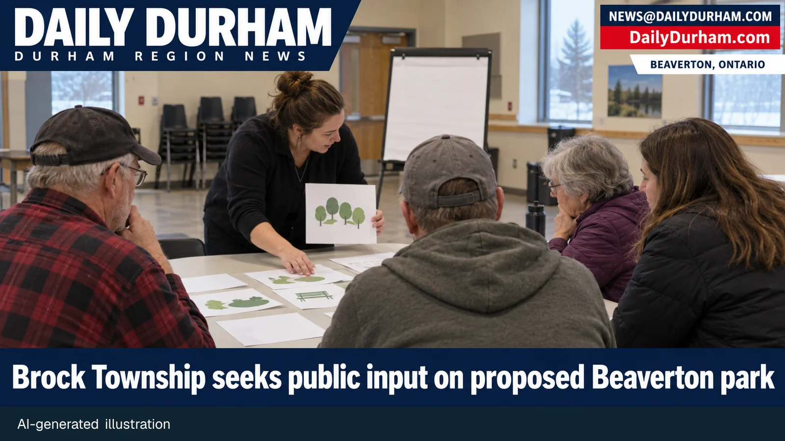 AI-generated illustration of a generic community workshop discussing a proposed Beaverton park design.