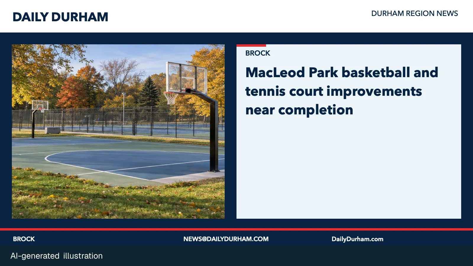 AI-generated illustration: outdoor municipal basketball and tennis courts in autumn.
