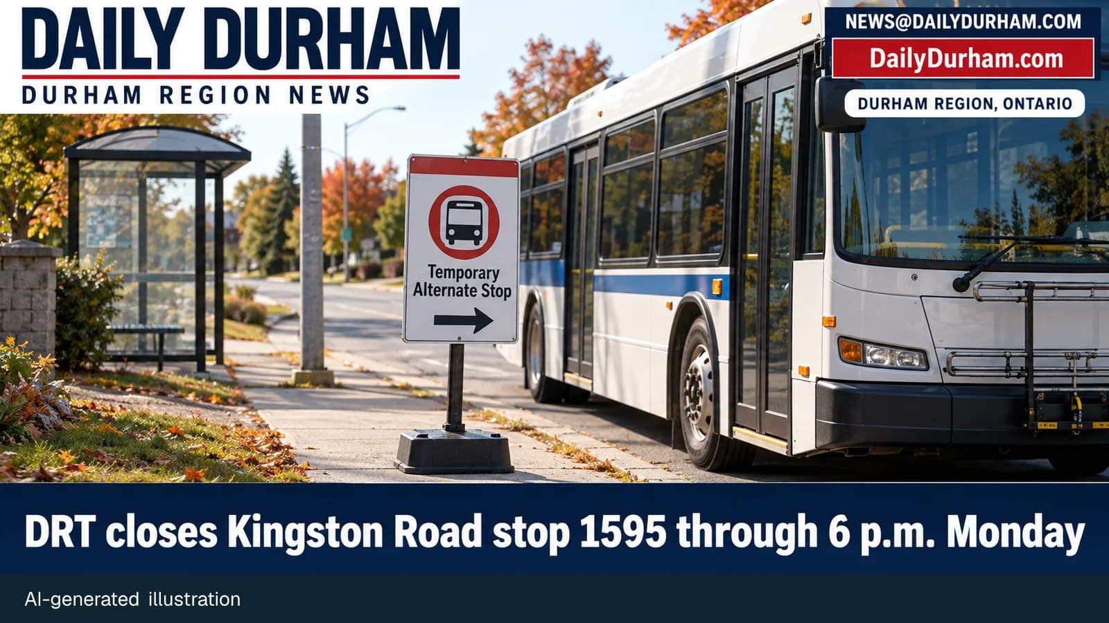 AI-generated illustration of a Durham Region transit bus beside a temporary alternate-stop marker, with Daily Durham branding.