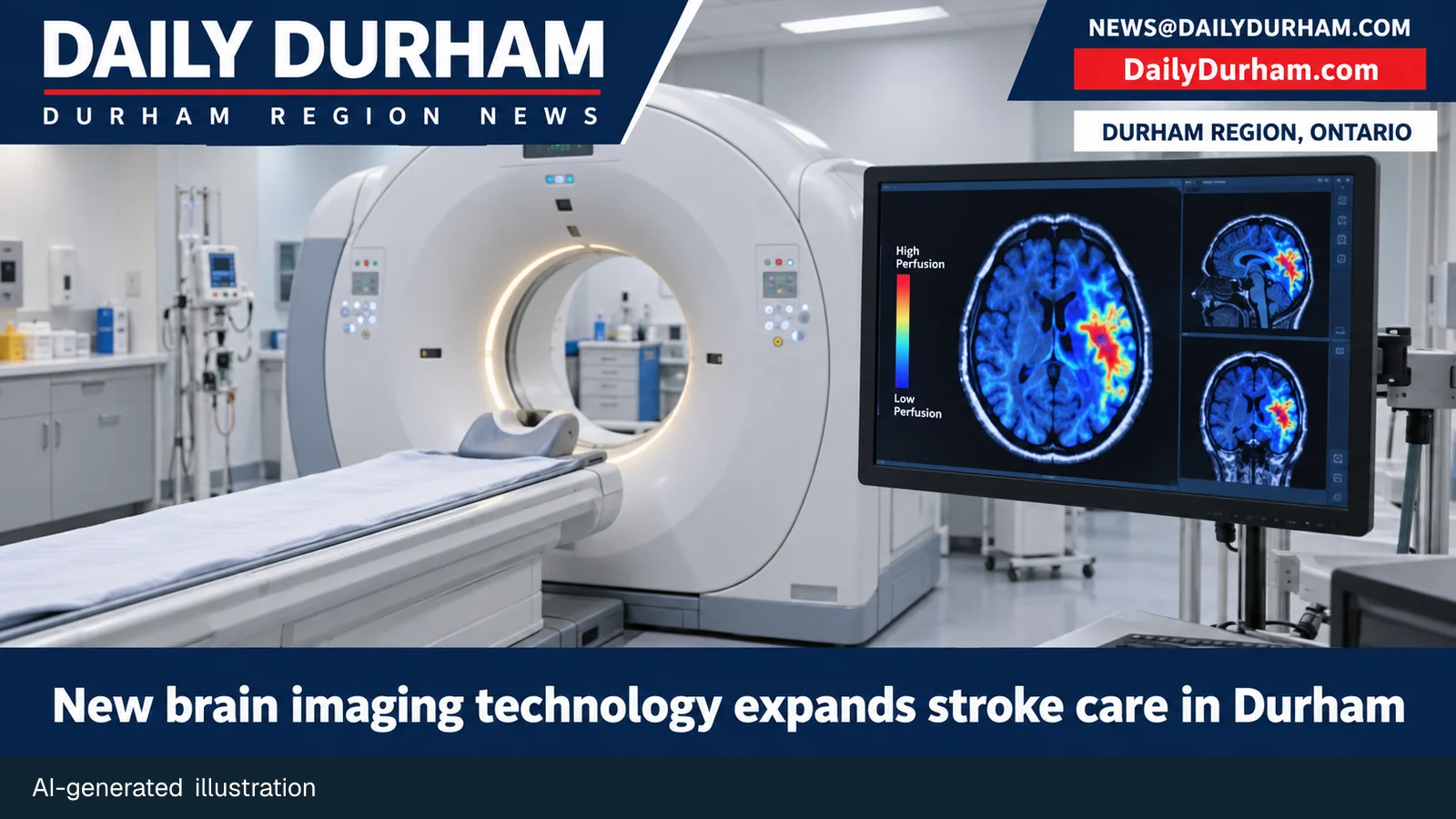 AI-generated illustration of a hospital CT scanner and abstract brain perfusion scan, with Daily Durham branding.