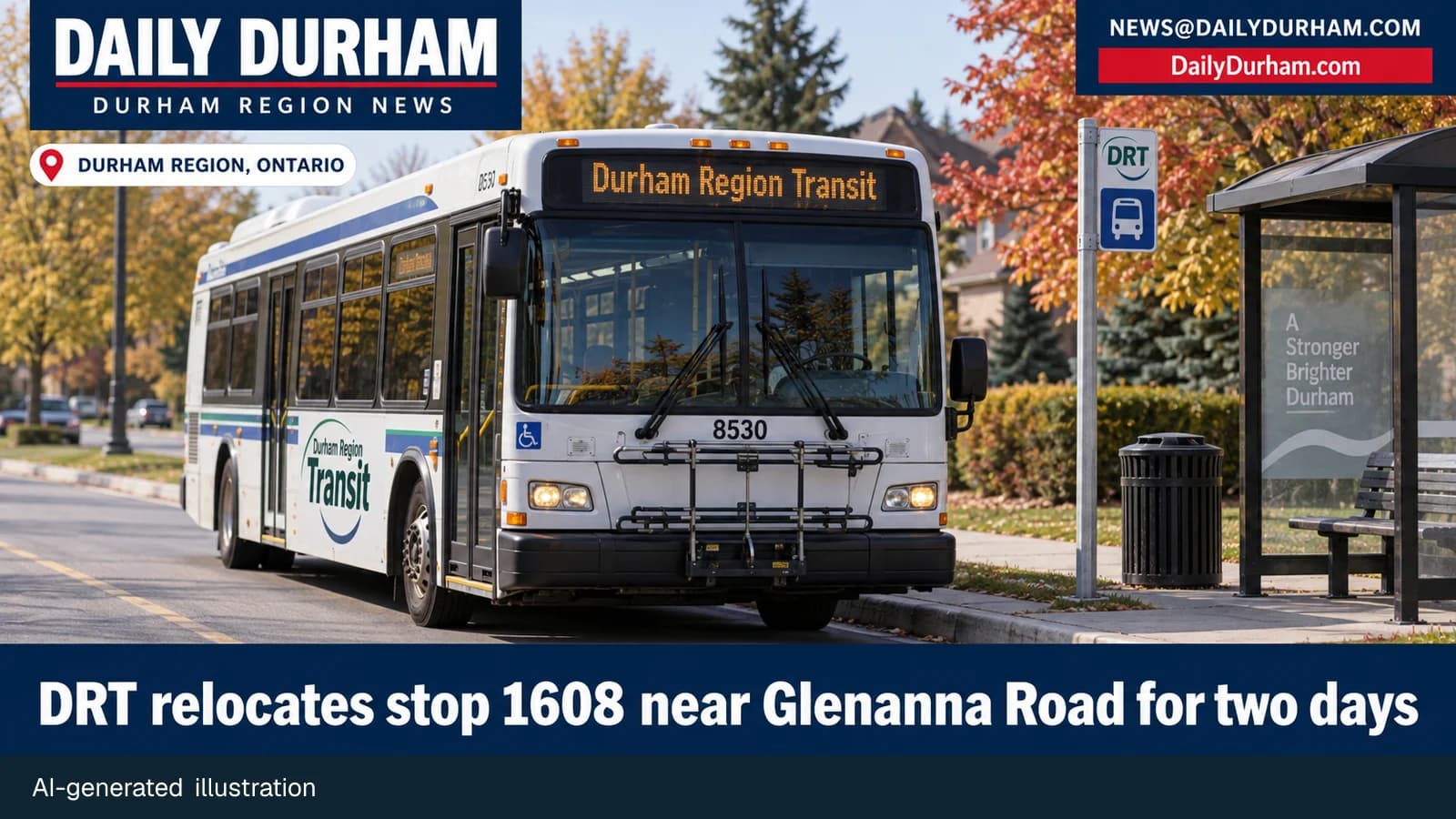 AI-generated illustration of a Durham Region Transit bus beside a suburban bus stop, with Daily Durham branding and a headline about stop 1608 near Glenanna Road.