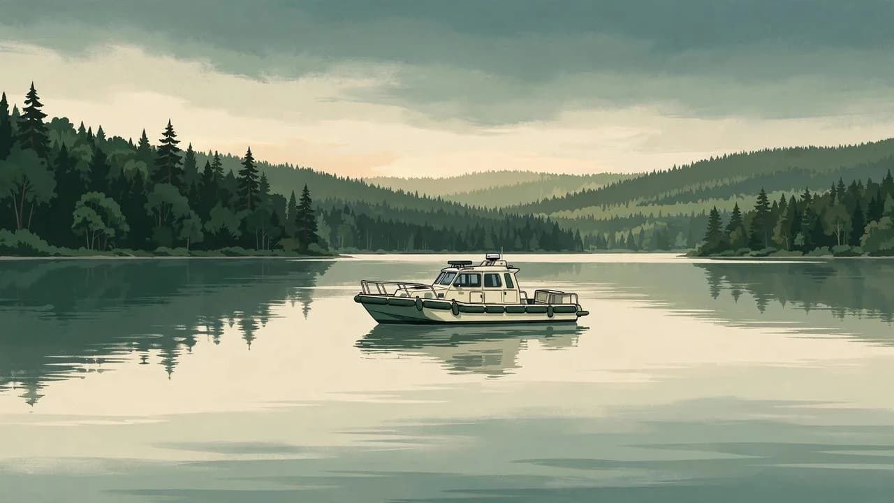 AI-generated illustration of a patrol boat on a calm lake