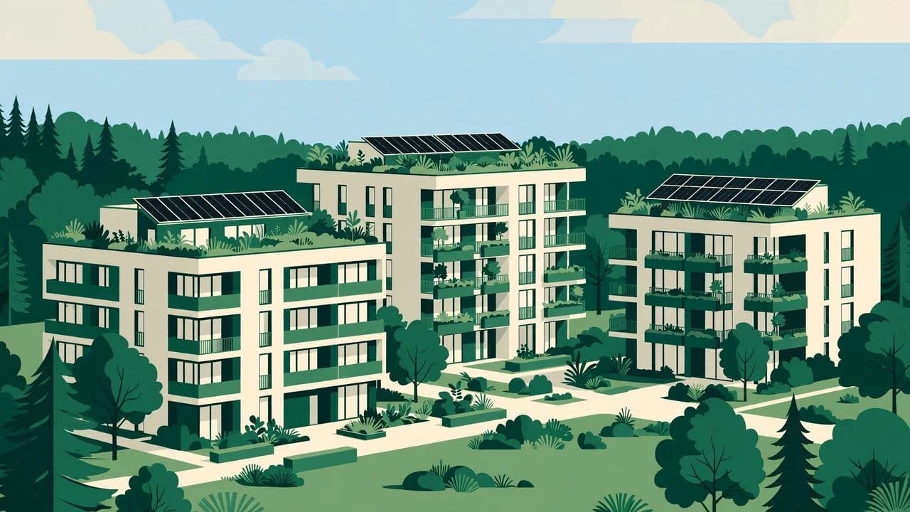 AI-generated illustration of energy-efficient apartment buildings with solar panels