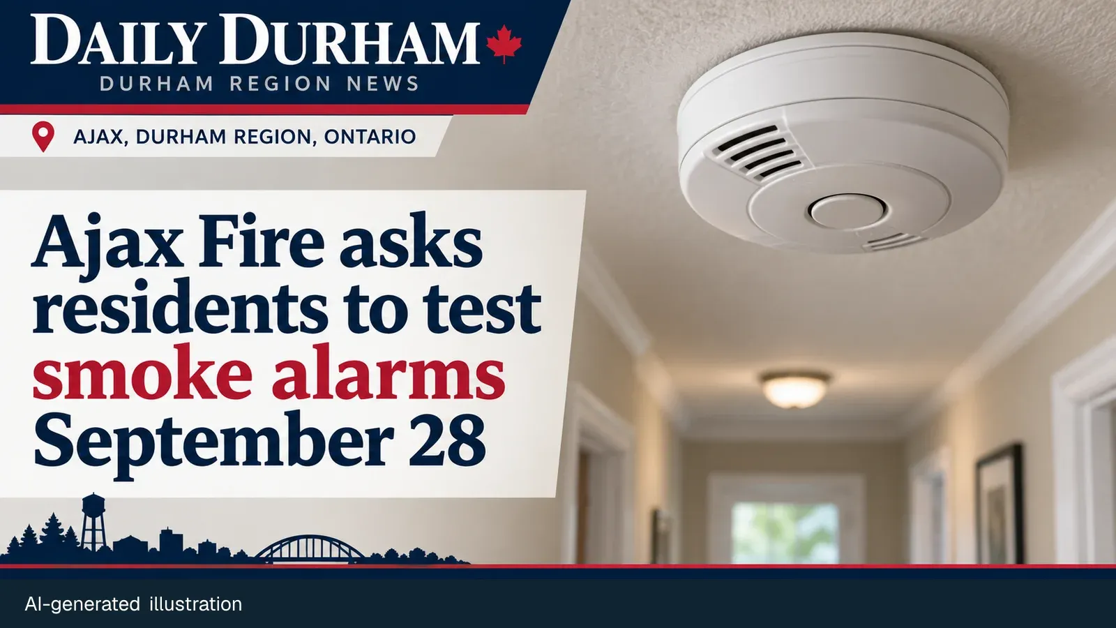 Editorial illustration of a smoke alarm mounted on a home hallway ceiling for Ajax Fire’s safety reminder.