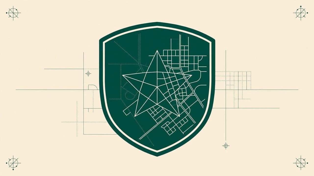 Abstract illustration of a shield emblem with a compass star over street-map lines, in deep green and cream.