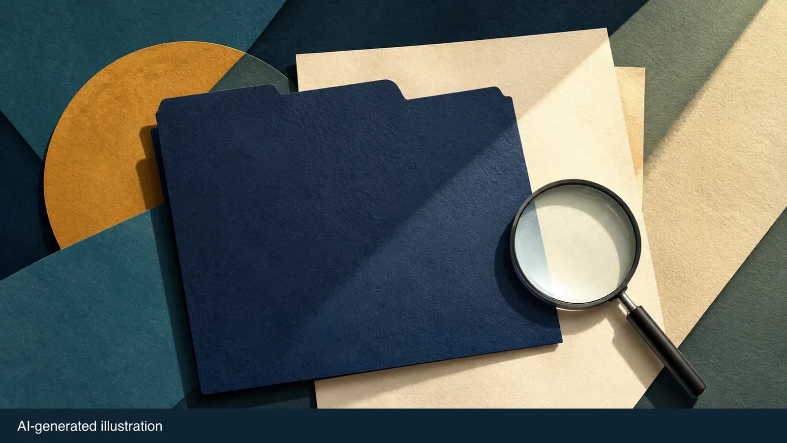 Neutral illustrated file folder and magnifying glass; no person or incident depicted. AI-generated illustration.