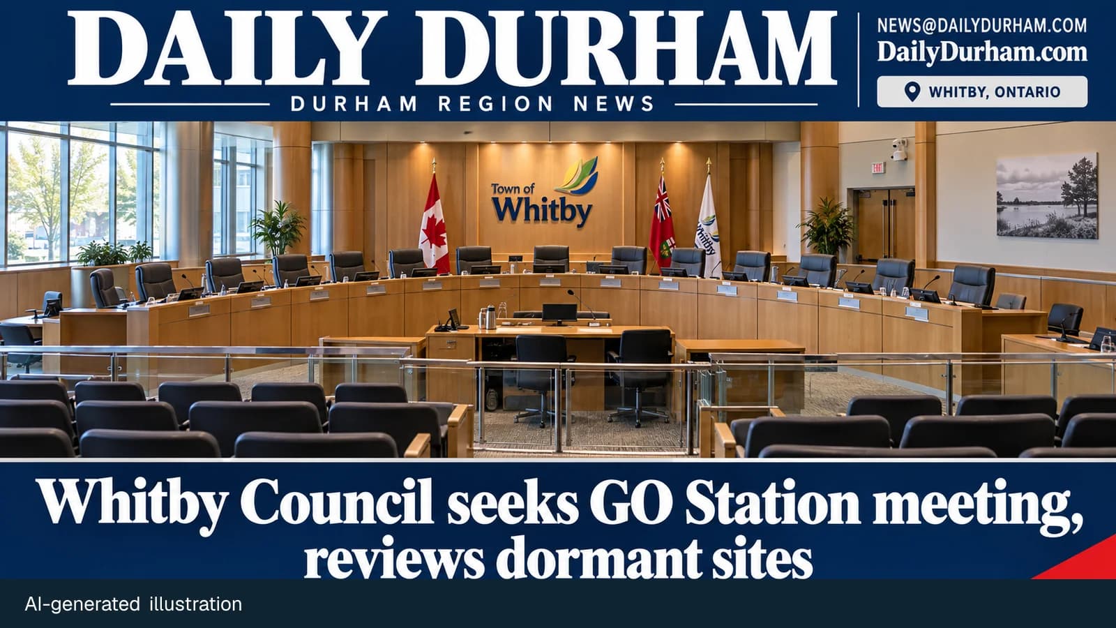 Whitby Council highlights cover illustration showing an empty municipal council chamber, with Daily Durham branding.