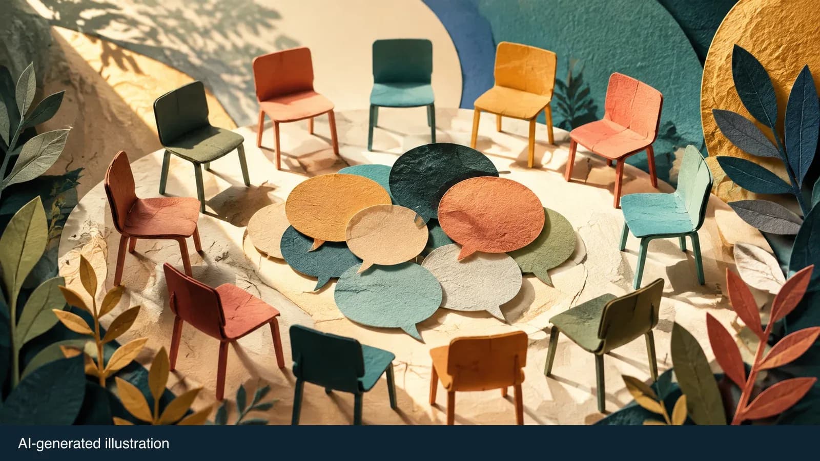 Illustrated circle of chairs and speech bubbles. AI-generated illustration.