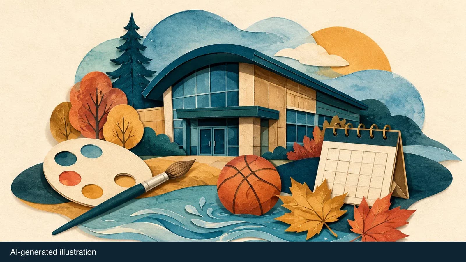 Illustrated recreation hall, art supplies, basketball and autumn leaves. AI-generated illustration.