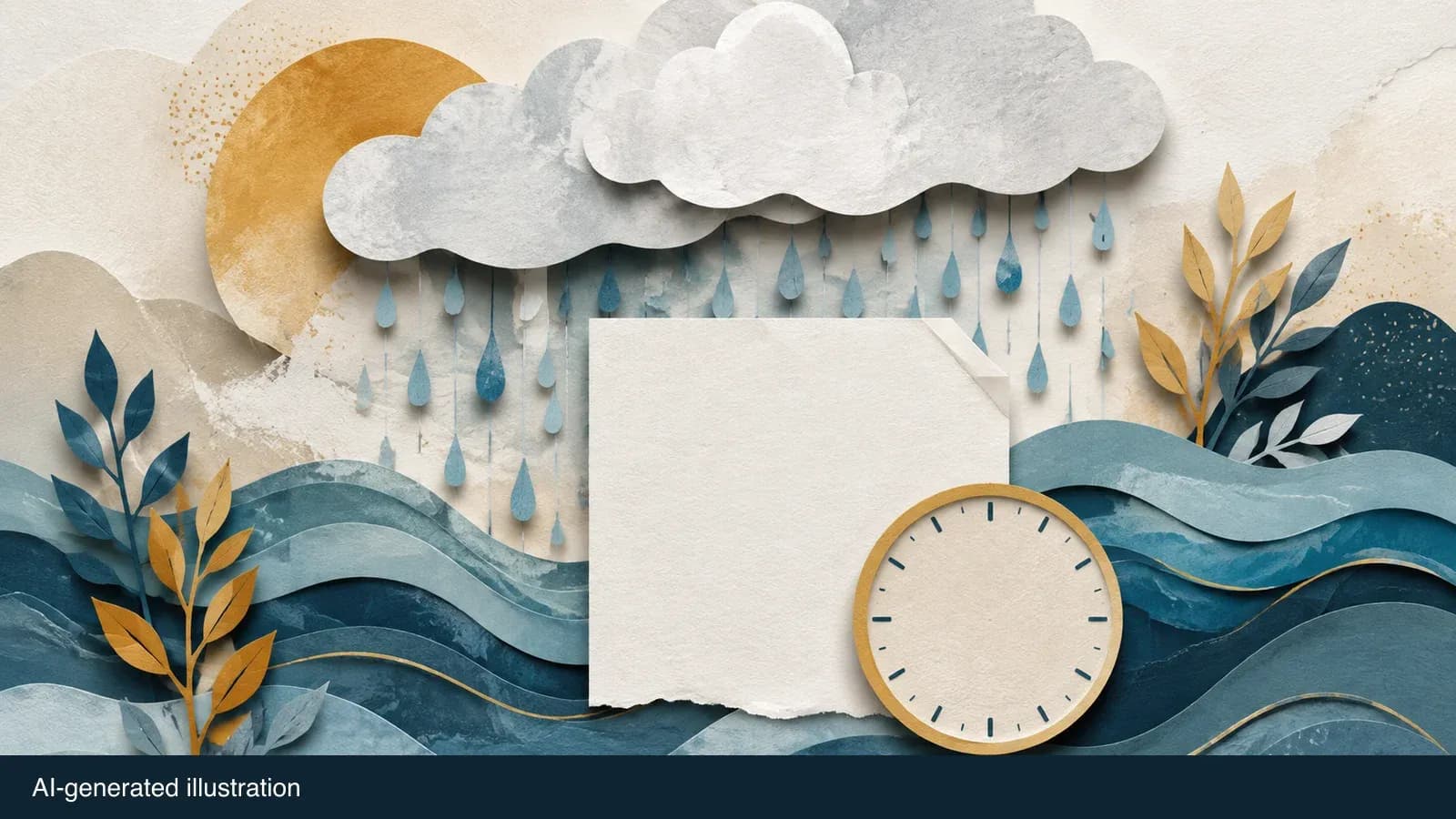 Illustrated water, rain cloud and advisory document; no flooding scene depicted. AI-generated illustration.