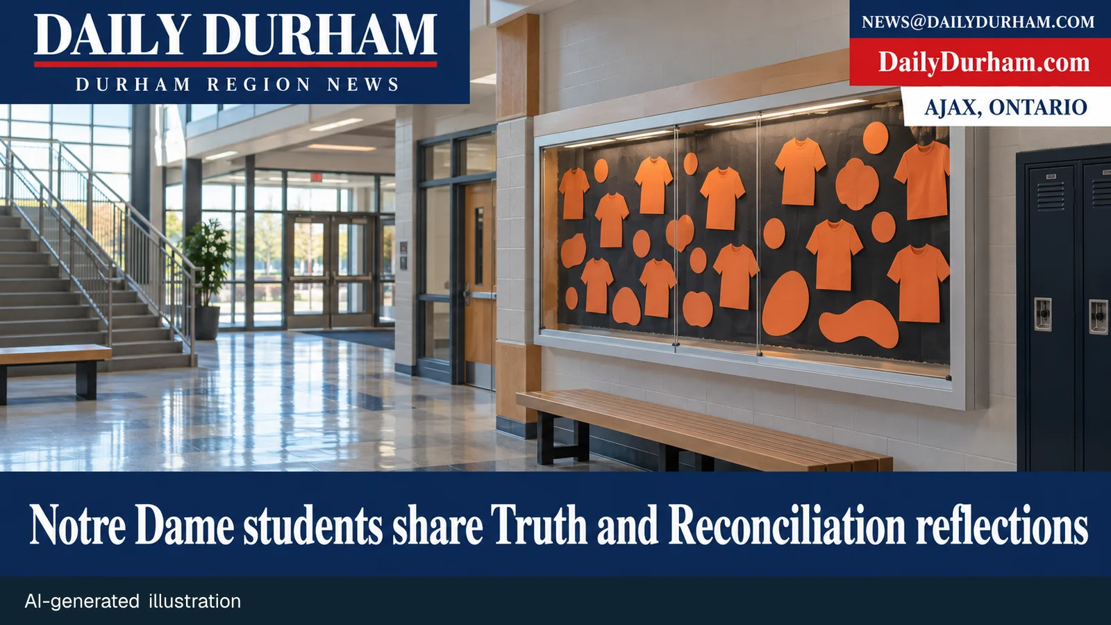 AI-generated illustration of a generic empty Ajax high-school foyer with blank orange paper-shirt cutouts on a display wall; no identifiable people or school-specific details.