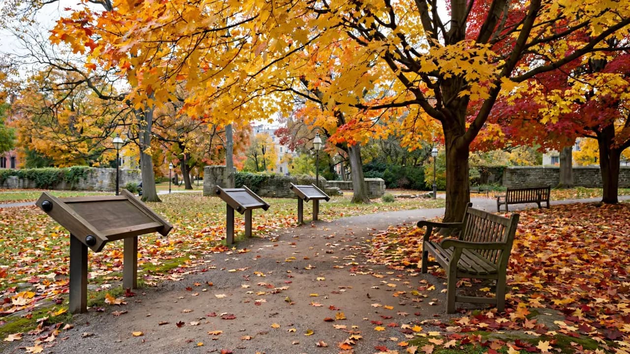 AI-generated illustration of interpretive exhibition panels in an autumn park