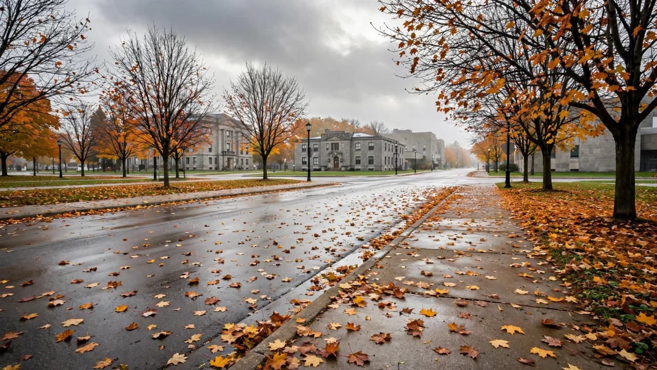AI-generated illustration of a quiet municipal street in autumn