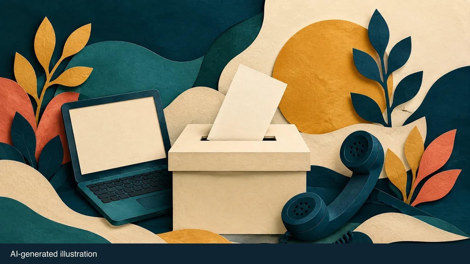 Illustrated ballot box, computer and telephone for voting options. AI-generated illustration.