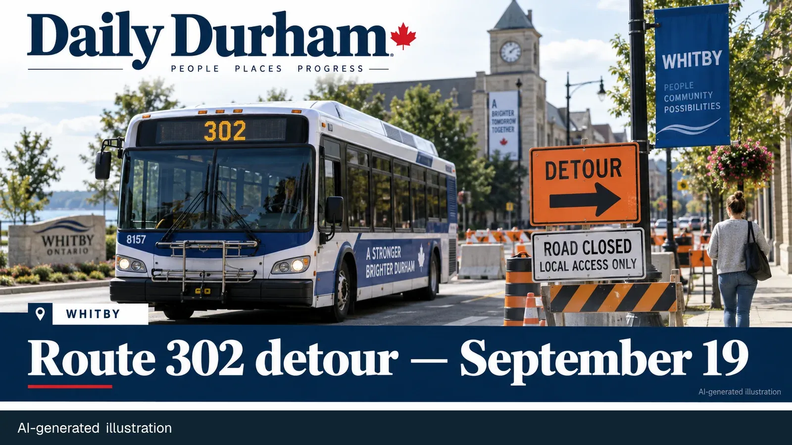 AI-generated editorial illustration of a Route 302 detour in Brooklin, Whitby, dated September 19.