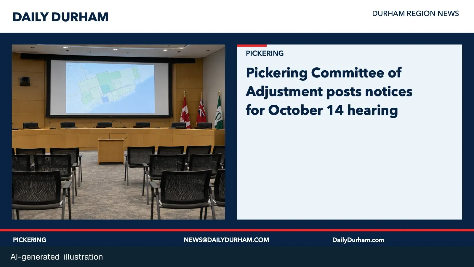 AI-generated illustration: an empty municipal committee hearing room with an abstract map display.