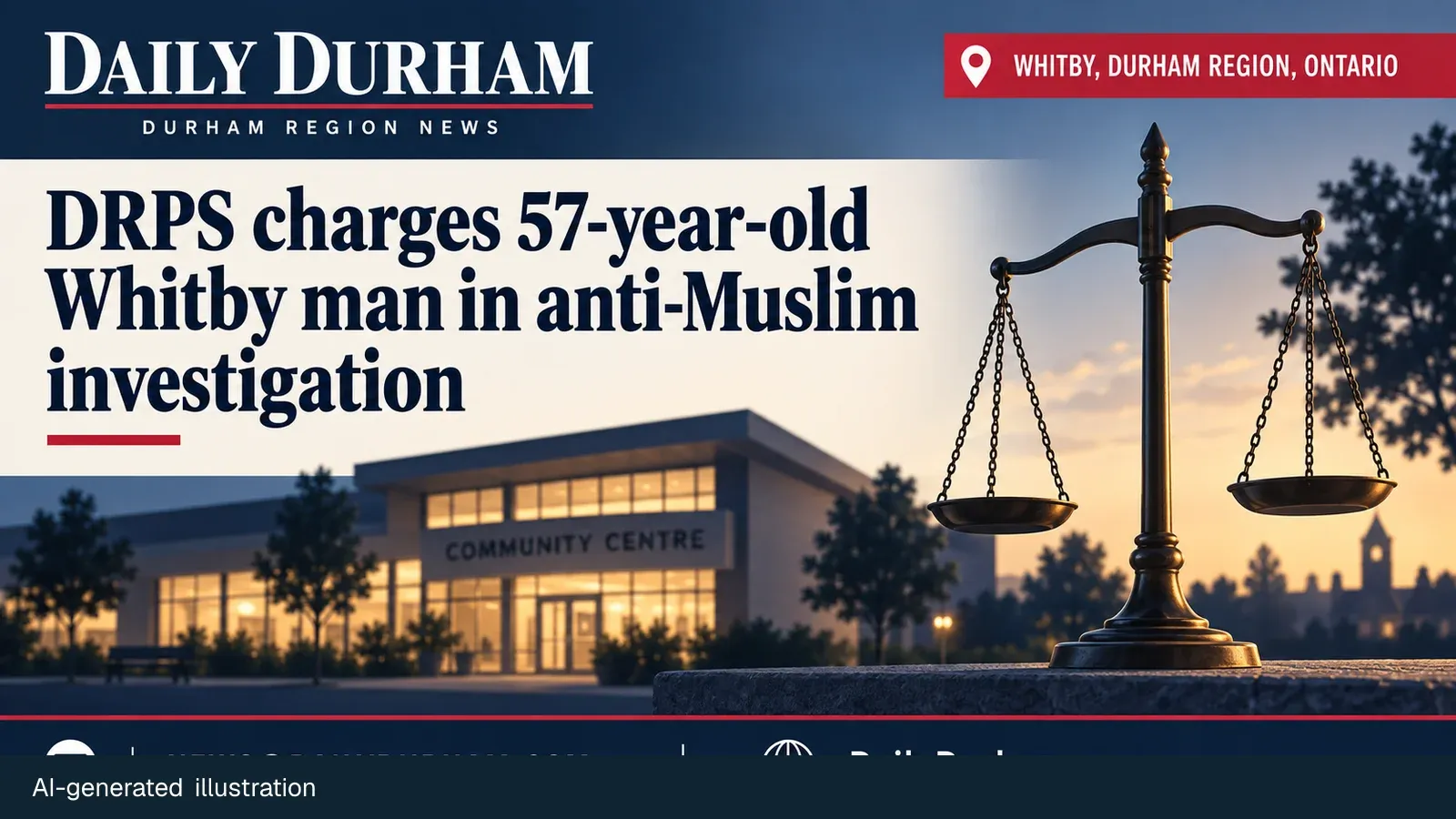 Neutral illustration of balanced justice scales in front of a community centre for a DRPS news report; it does not depict the accused or any alleged conduct.