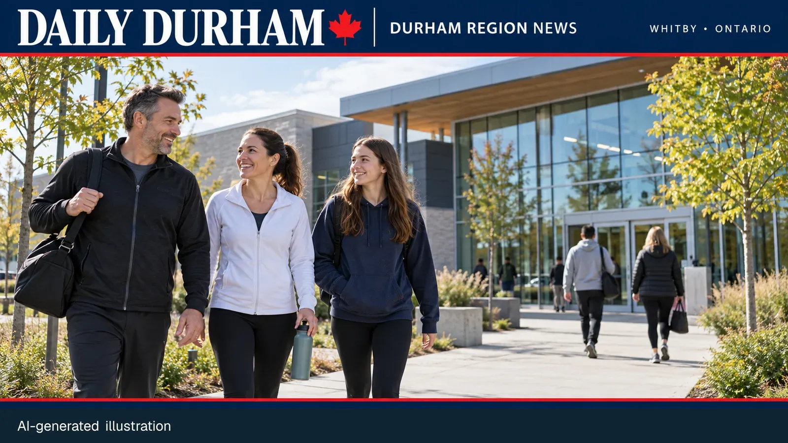 Generic people outside a recreation building for a Whitby facility update; AI-generated illustration.