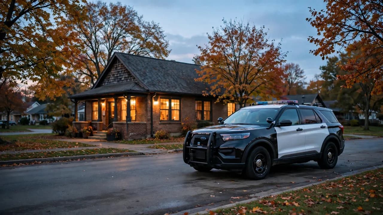 AI-generated illustration of a police SUV at dusk near a warmly lit community building