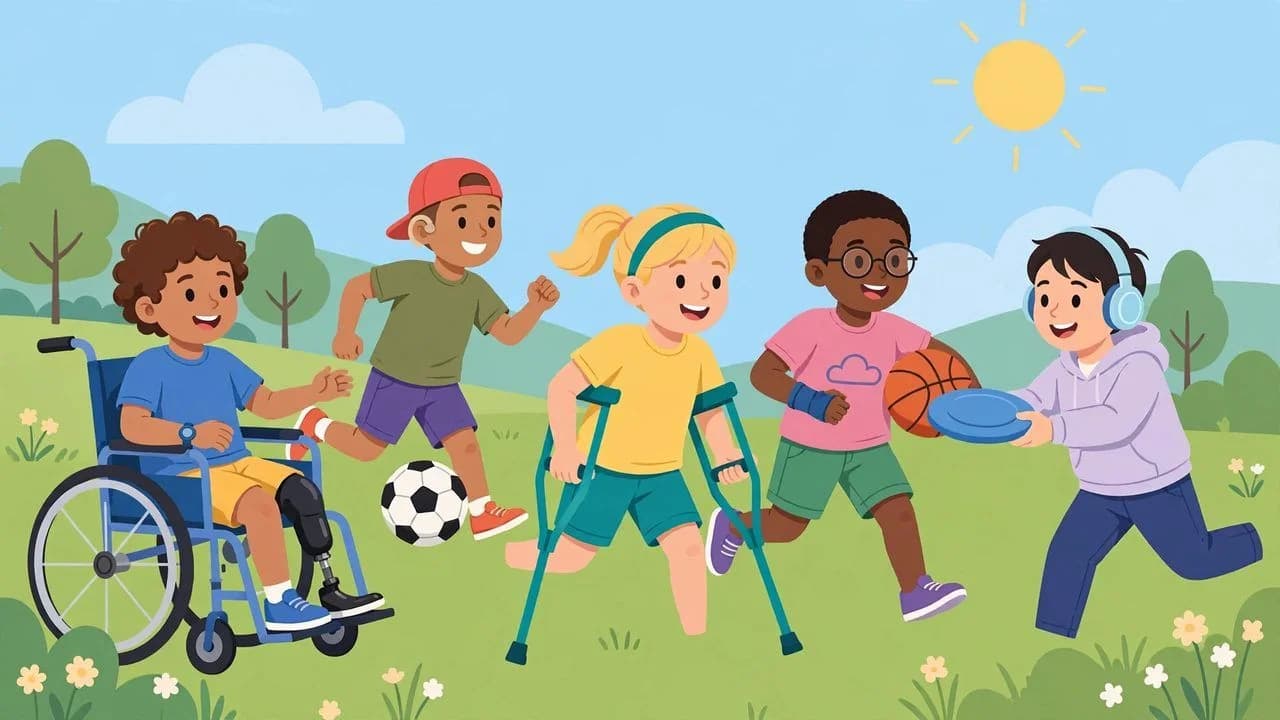 Illustration of children of diverse abilities playing soccer, basketball and frisbee together on a sunny field