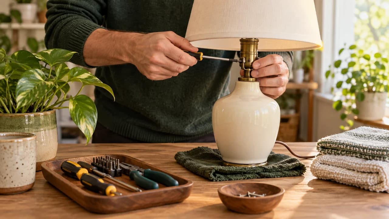 AI-generated editorial illustration: Hands repairing a cream table lamp at a workbench with tools, folded textiles and green plants.