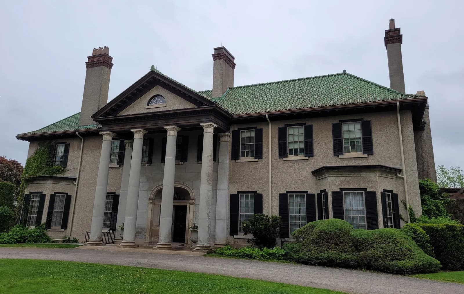 Parkwood mansion’s columned entrance, green roof and gardens in Oshawa.