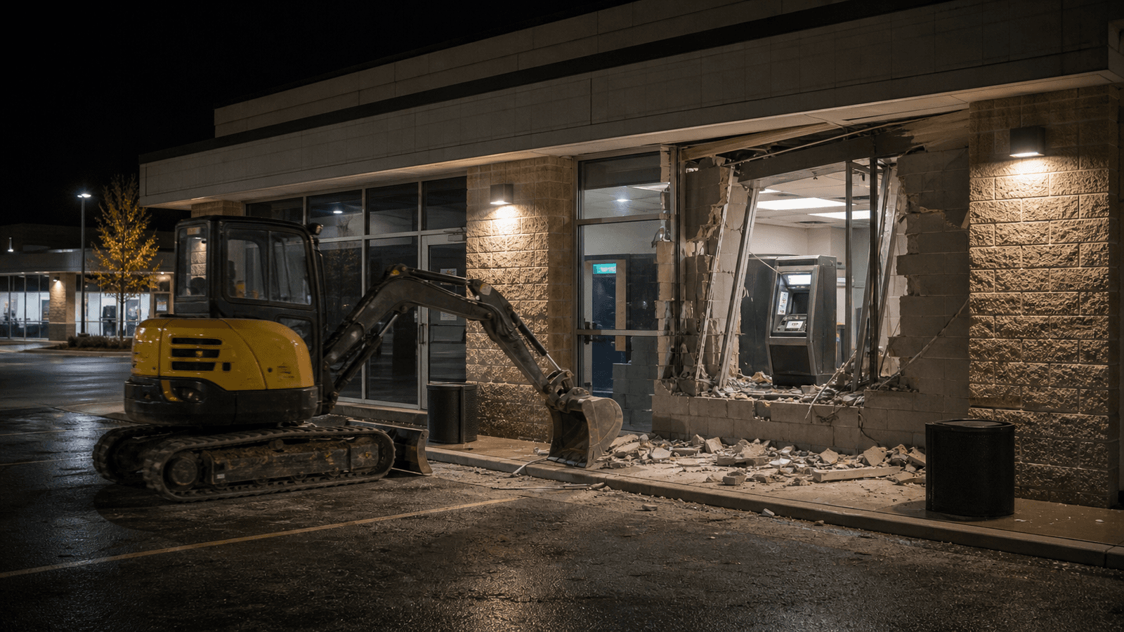 Photorealistic editorial image of an excavator beside a damaged commercial storefront at night.
