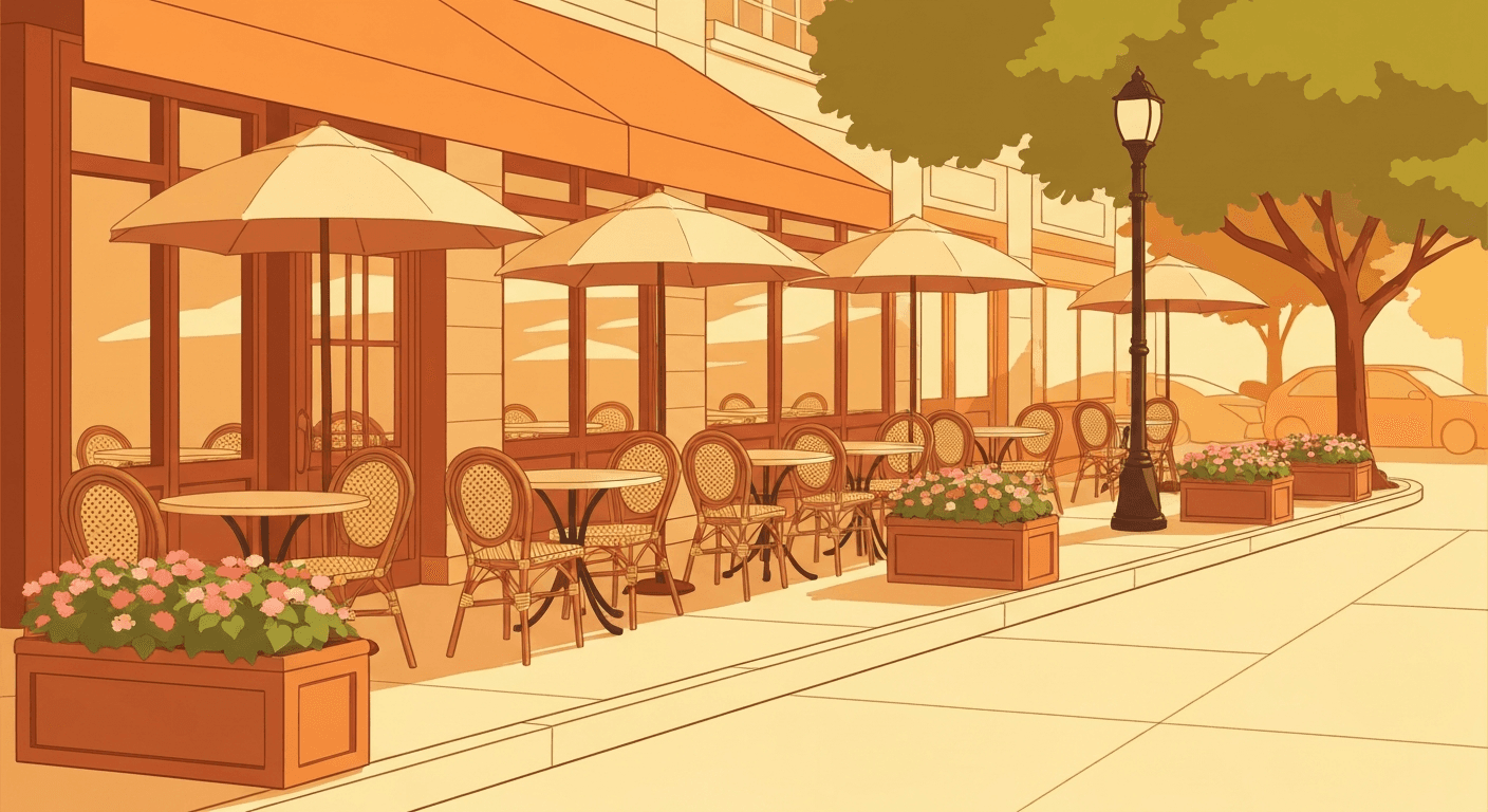 Editorial illustration of a Main Street patio scene with bistro chairs and umbrellas.