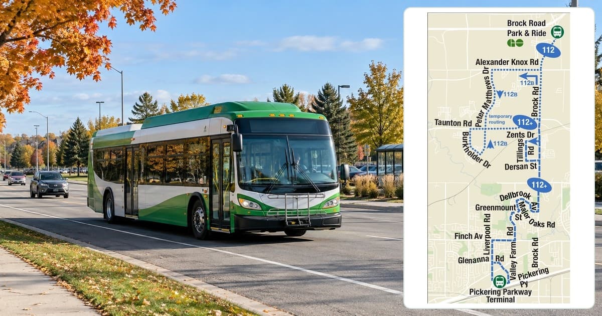 Illustrative transit bus beside the official DRT Route 112 map for Pickering.