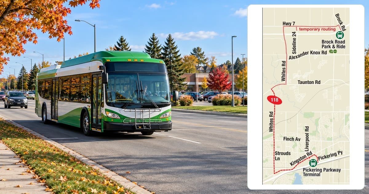 Illustrative transit bus beside the official DRT Route 118 map for Pickering.