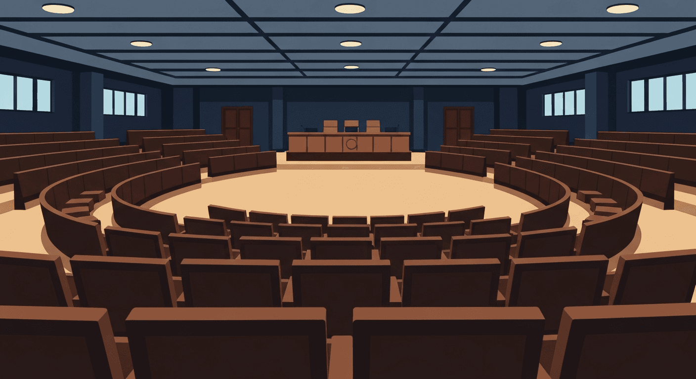 Editorial illustration of an empty municipal council chamber.