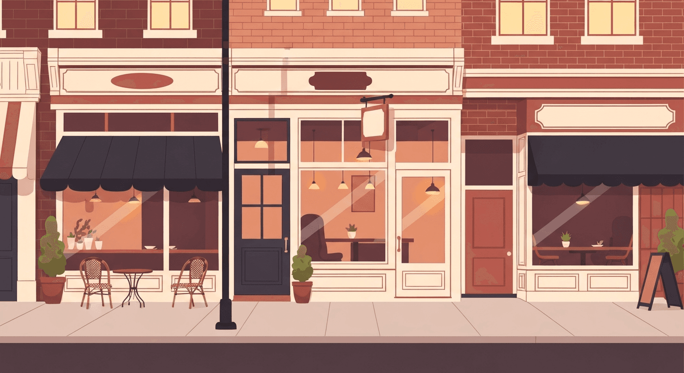 Editorial illustration of friendly downtown café storefronts on a quiet street.
