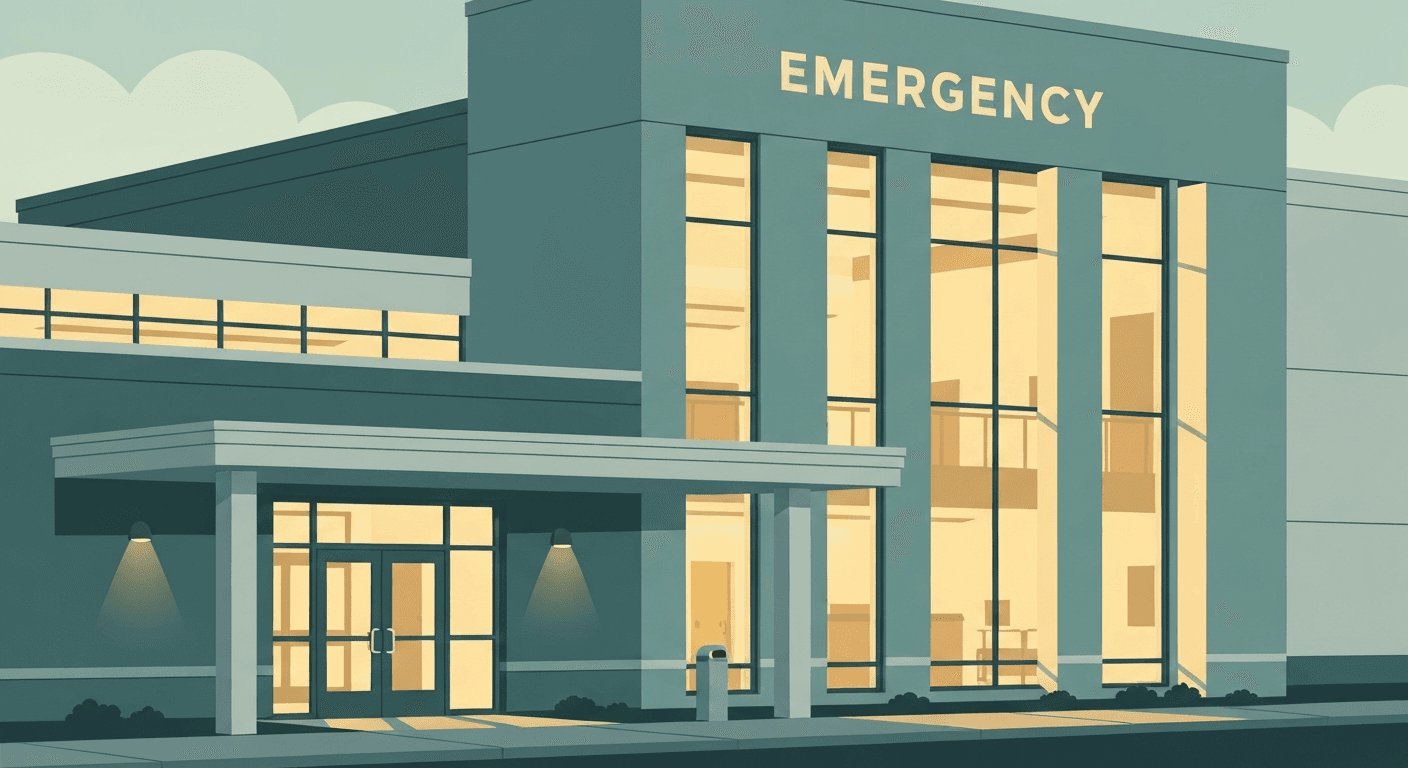 Editorial illustration of a community hospital emergency entrance at evening.