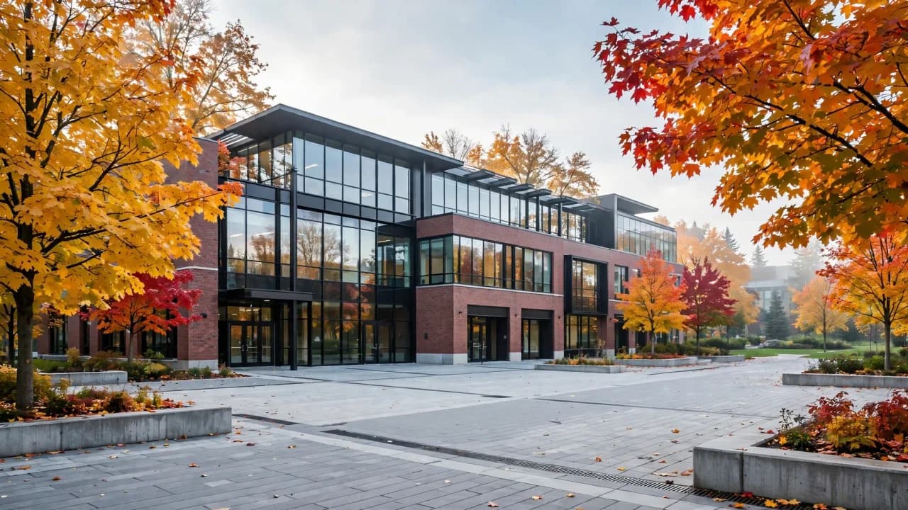 AI-generated illustration of a modern Canadian college campus building exterior on an autumn morning