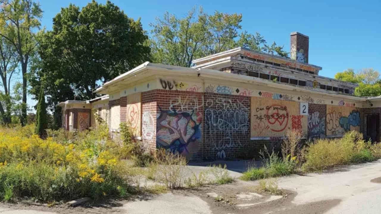 Historic Camp 30 buildings in Bowmanville seen in a wide panorama