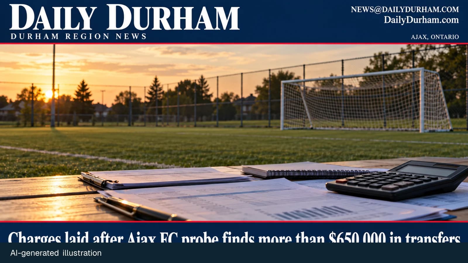 Daily Durham branded AI-generated illustration showing an Ajax community soccer field with neutral financial papers, for a police-reported investigation.