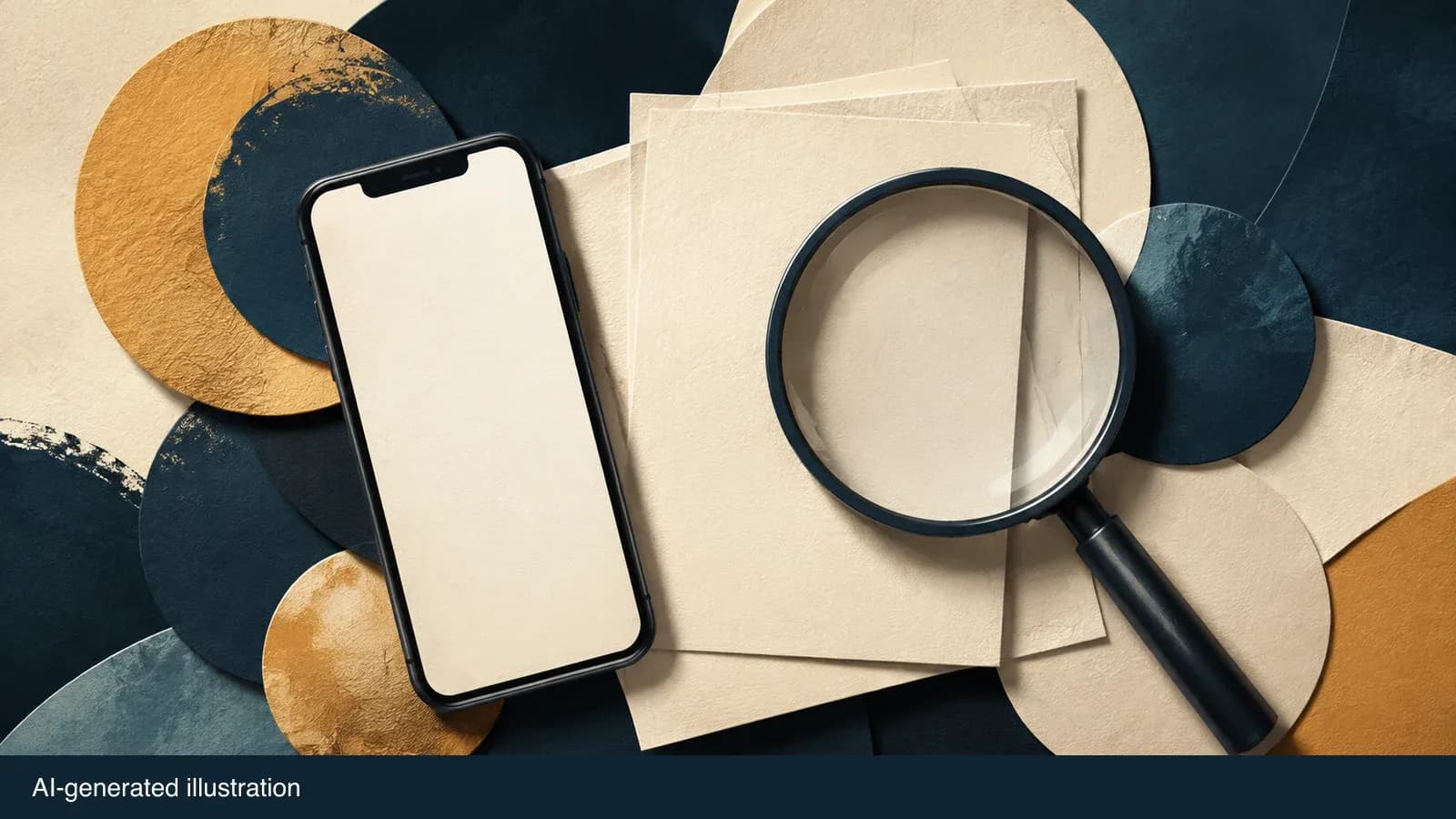Neutral illustrated phone, documents and magnifying glass; no people or evidence depicted. AI-generated illustration.