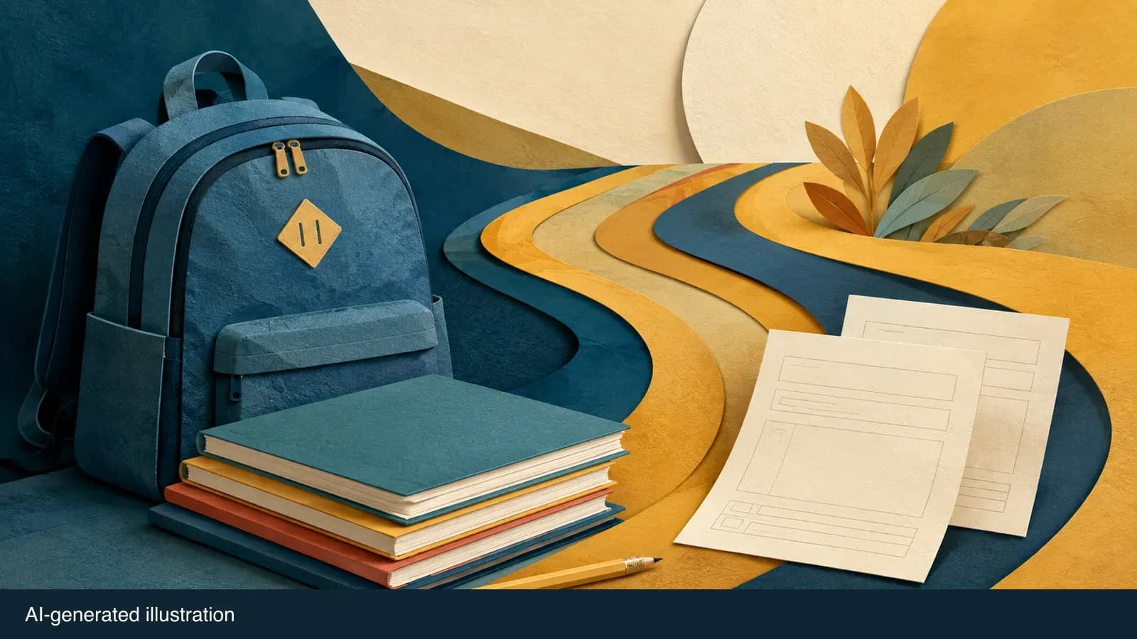 Illustrated backpack, notebooks and school-registration forms. AI-generated illustration.