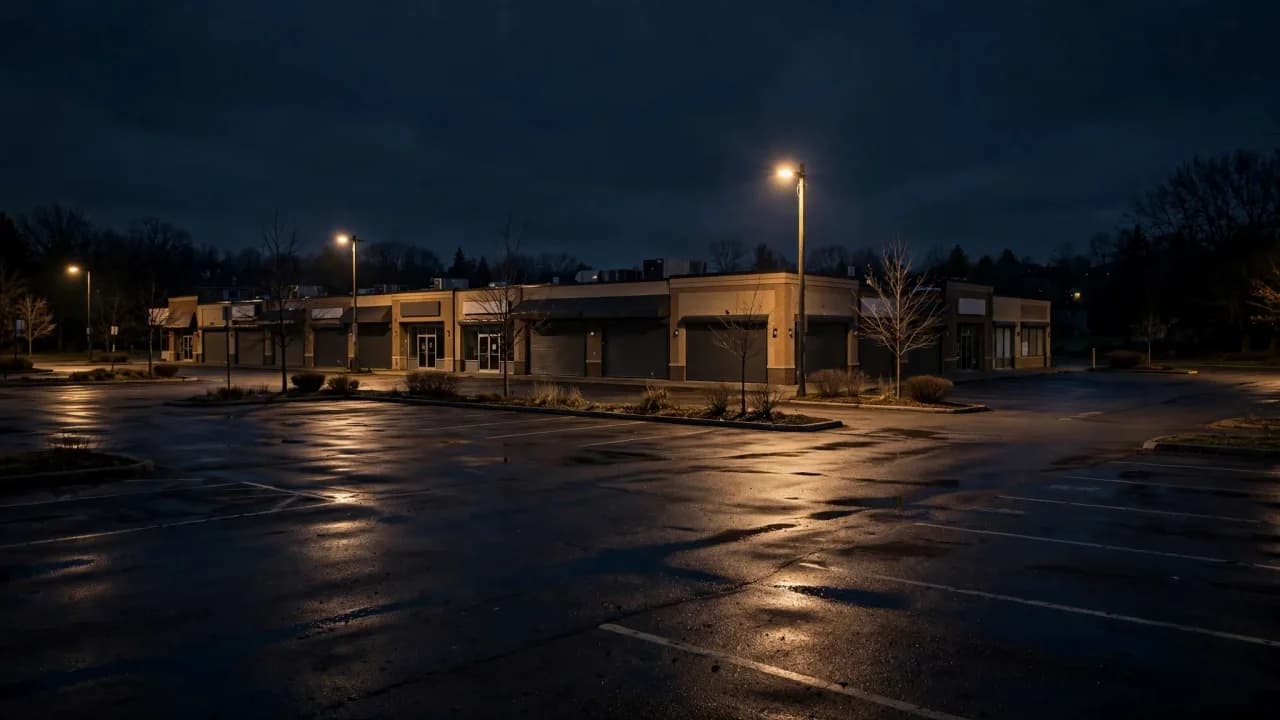 AI-generated illustration of an empty commercial plaza parking lot at night under streetlights