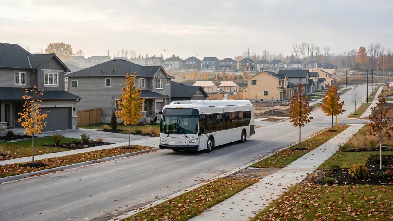 AI-generated illustration of a transit bus driving through a new suburban neighbourhood on an autumn morning