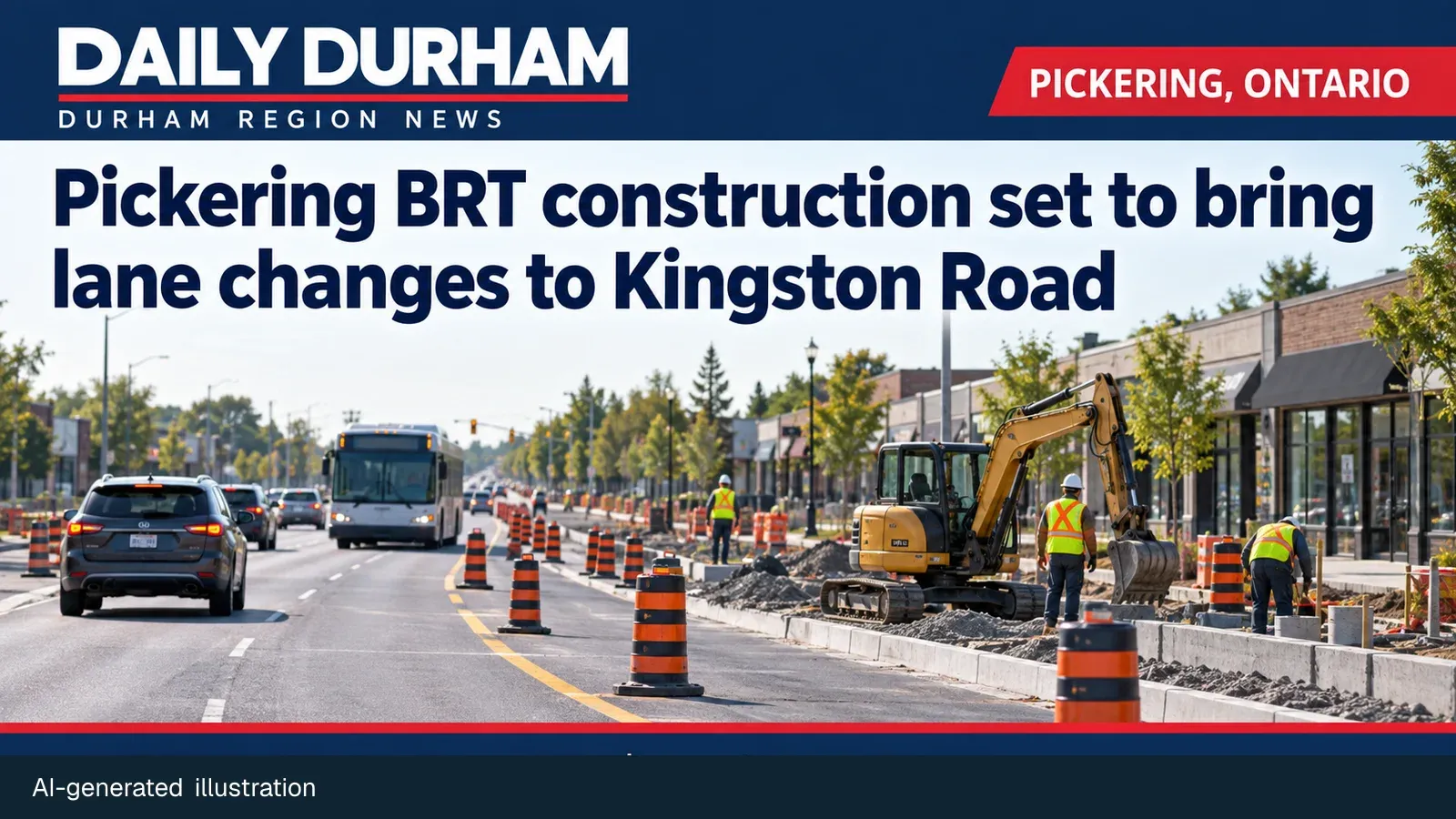 AI-generated Daily Durham illustration of general road construction with shifted lanes, work crew and bus in Pickering; not a depiction of the actual project site.