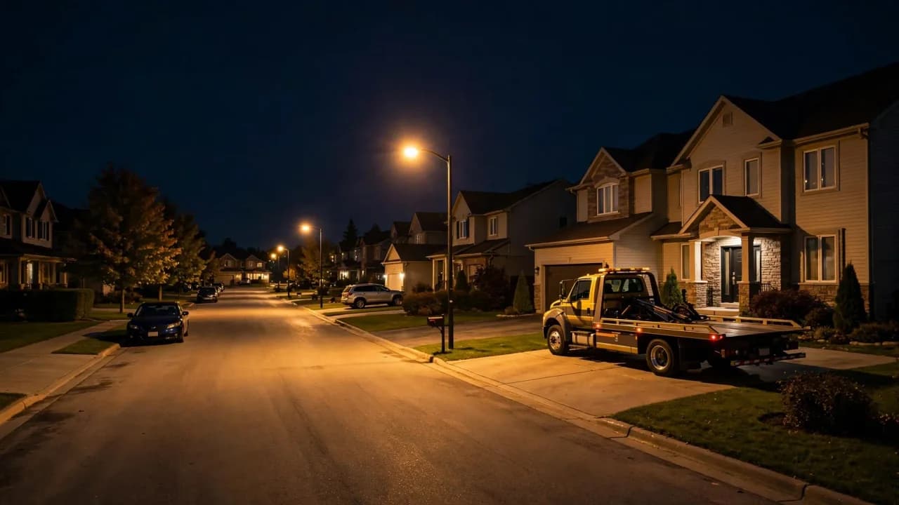 AI-generated illustration of a tow truck parked in a residential driveway at night under streetlights