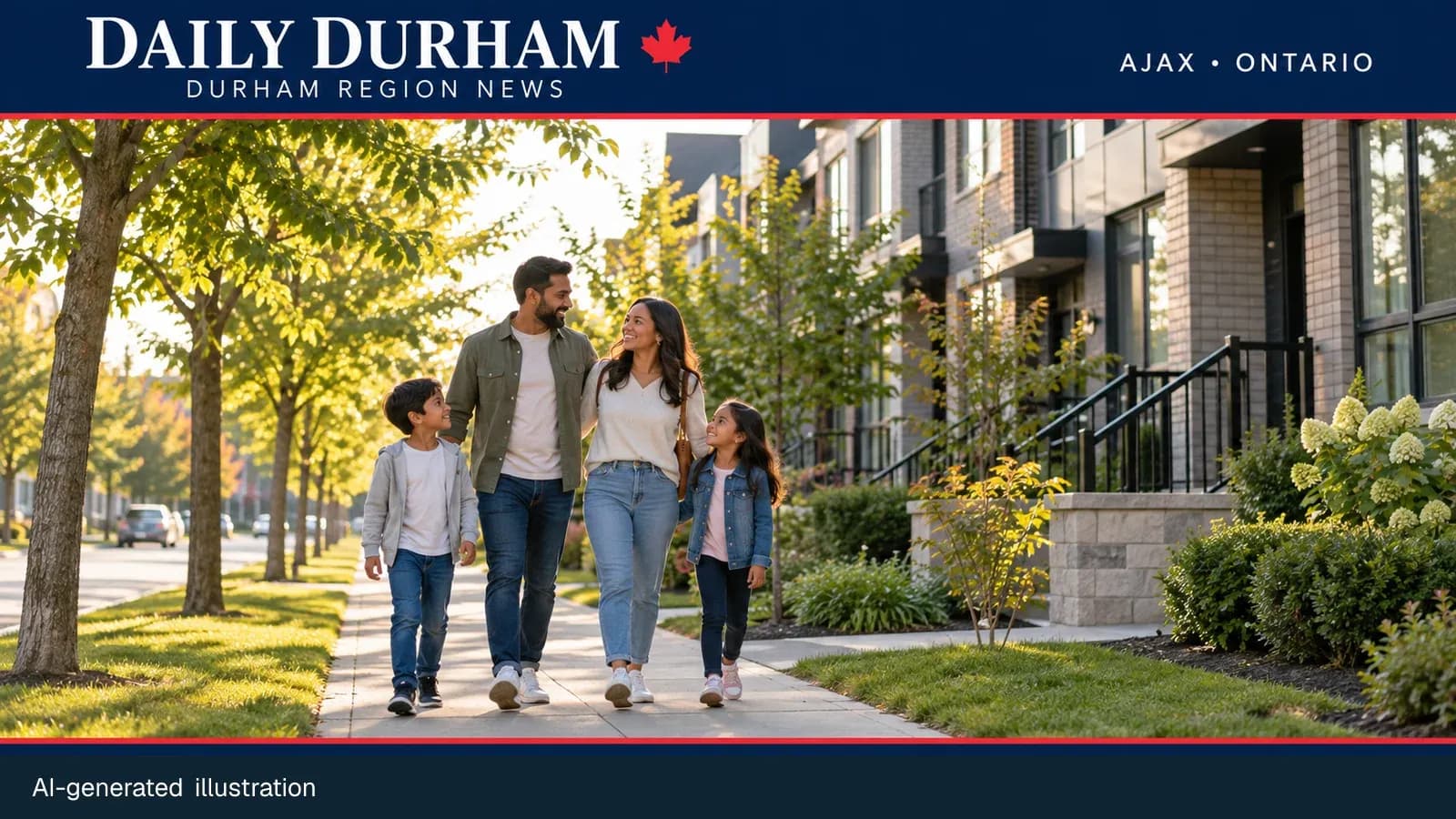 Generic family walking beside modern townhouses for an Ajax affordable housing announcement; AI-generated illustration.