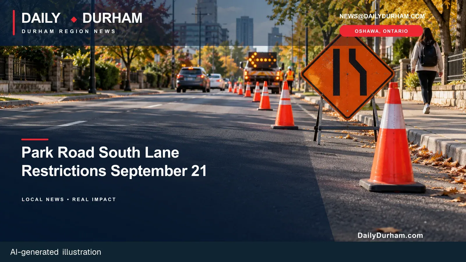 AI-generated Daily Durham editorial illustration for Park Road South lane restrictions in Oshawa beginning September 21.