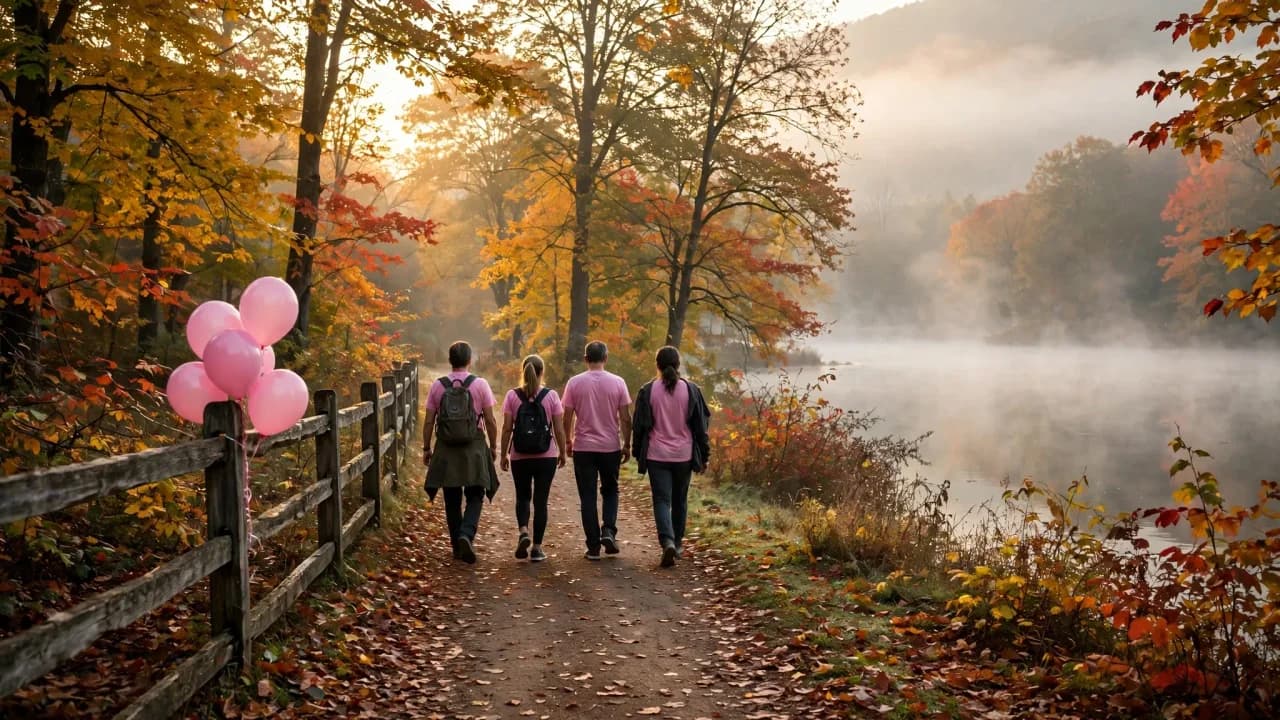 AI-generated illustration of walkers in pink shirts on an autumn lakeside park trail at dawn, pink balloons tied to a fence