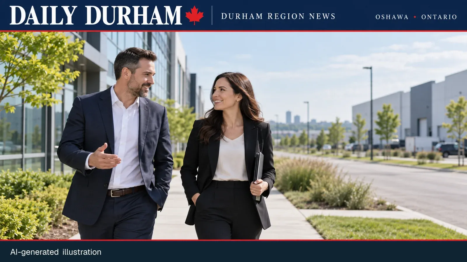Generic professionals beside a non-specific office and industrial streetscape for an Oshawa announcement; AI-generated illustration.