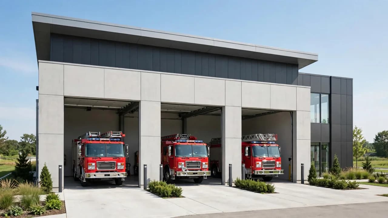AI-generated illustration of a modern fire station with red fire trucks in the bays