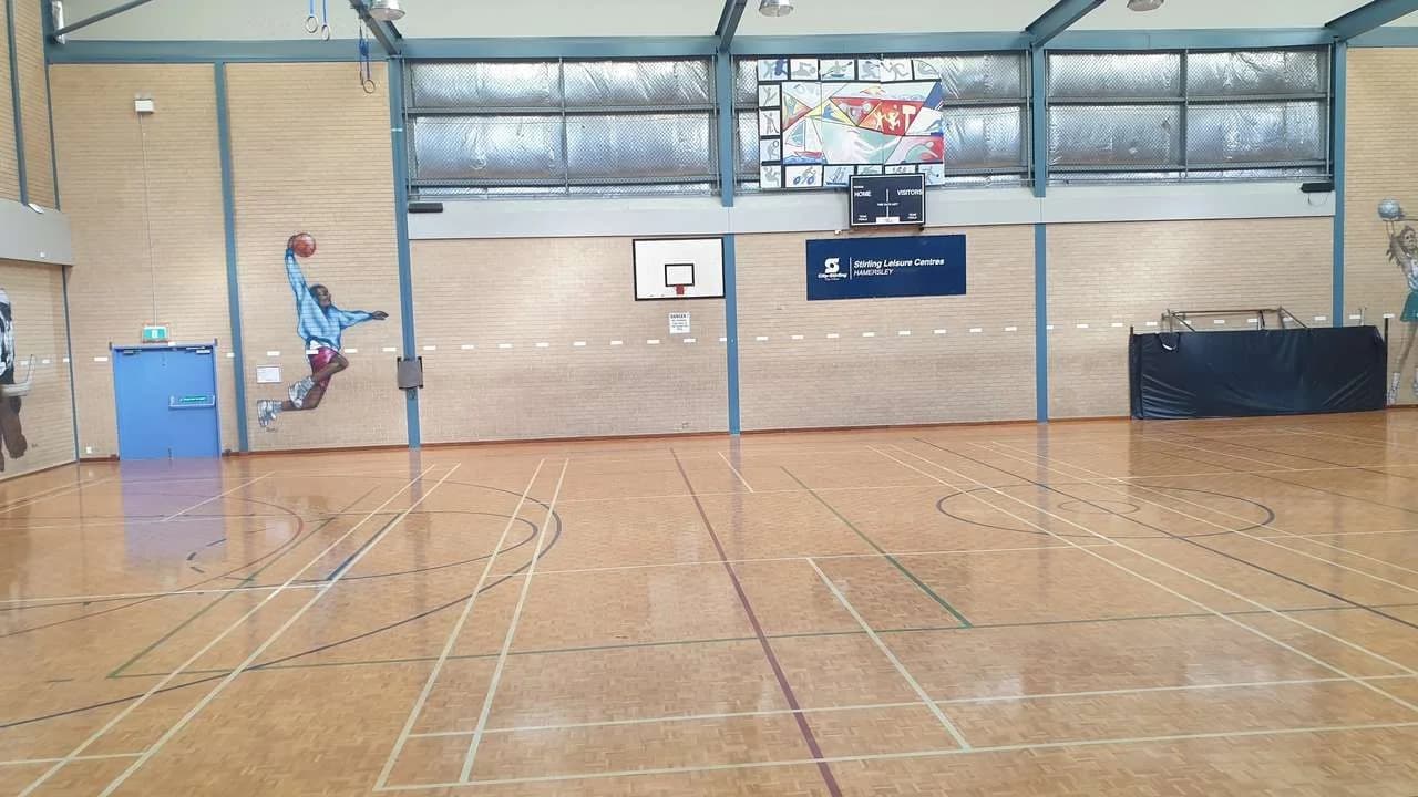 Empty indoor basketball court with polished wooden flooring, hoops and wall murals; no people visible
